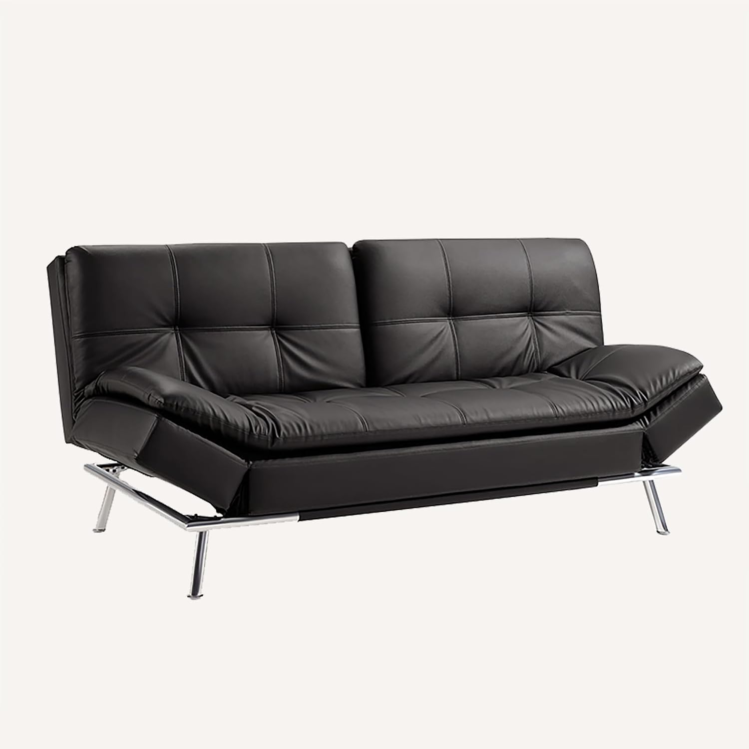 Modern Leather Convertible Folding Futon Couch Sofa Bed Adjustable Pillow Top Arm Memory Foam Couch Double Loveseat Sofa for Compact Living Space,Dorm,Game Studio,Apartment,Bedroom (Black PU)