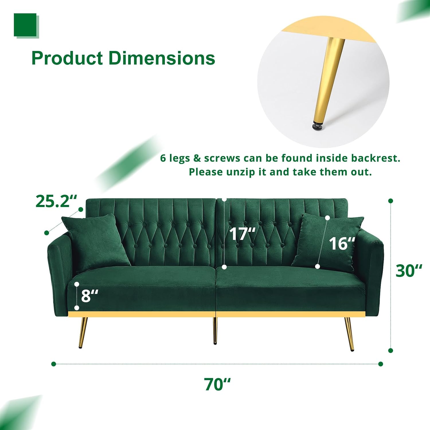 2 Pieces Velvet Sofa Set with Adjustable Armrest and Backrest, 70' Convertible Futon Sofa Bed & Mordern Accent Chair with Ottoman for Living Room, Bedroom, Green
