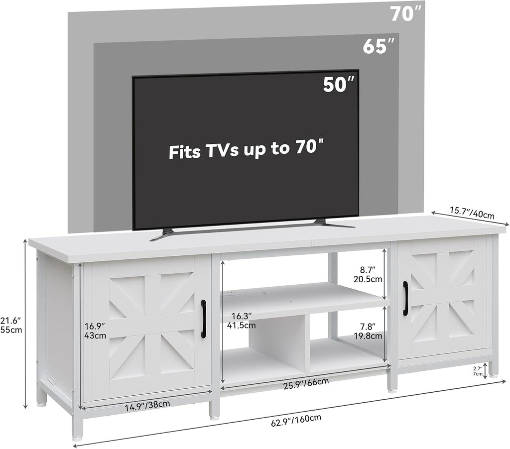 YITAHOME TV Stand with LED Lights & Charging Station, Farmhouse Entertainment Center with Storage Cabinets & Shelves, Cross-Pattern Doors, Fits TVs up to 70'', TV Consoles for Living Room, White