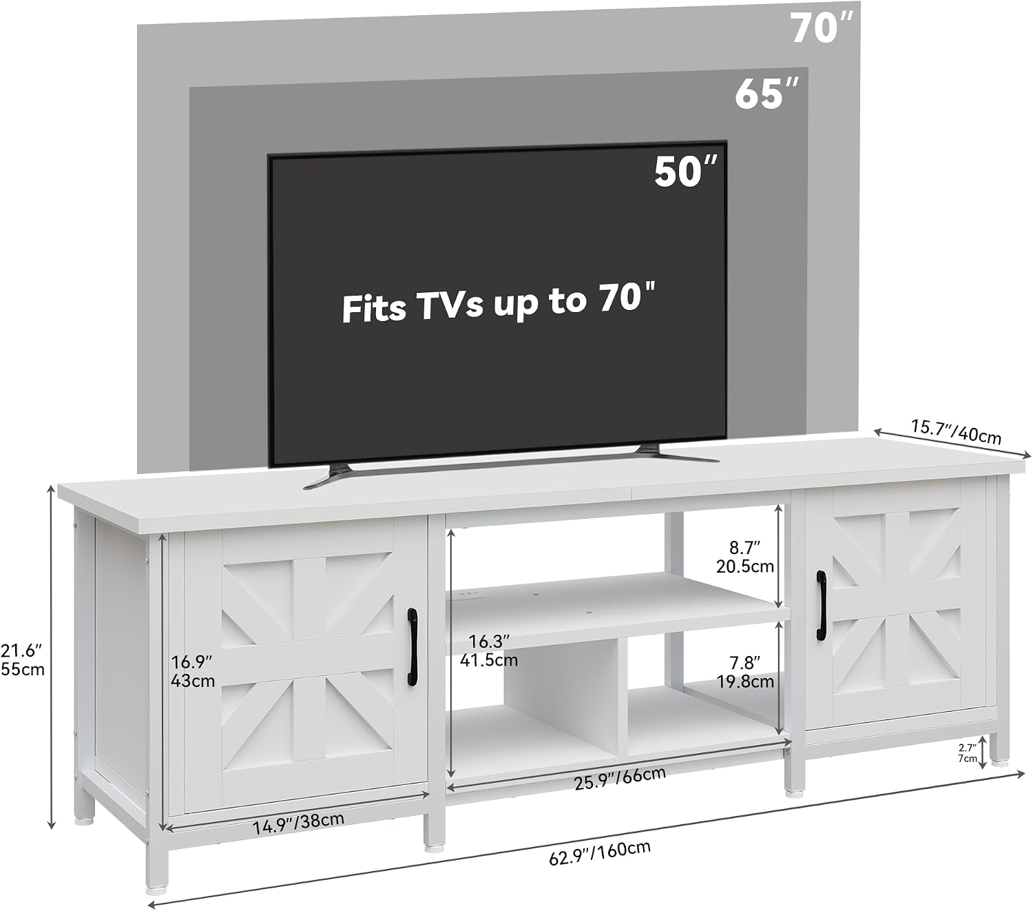 YITAHOME TV Stand with LED Lights & Charging Station, Farmhouse Entertainment Center with Storage Cabinets & Shelves, Cross-Pattern Doors, Fits TVs up to 70'', TV Consoles for Living Room, White