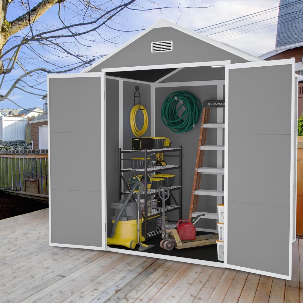 6x5FT Resin Storage Shed - Dark Gray Plastic Garden Shed with Floor Included, Waterproof UV/Rust Proof Outdoor Shed for Backyard, 12mm Thick PP Sheds & Outdoor Storage with HD Acrylic Window (6*5ft)