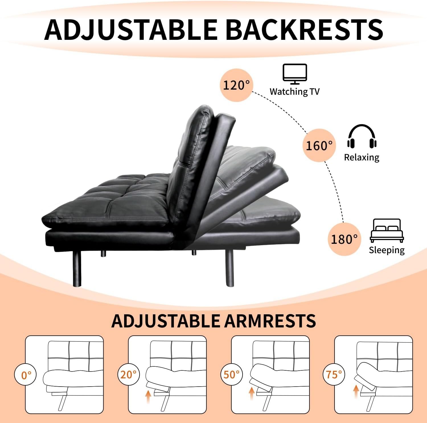 MUUEGM Futon Sofa Bed 71' Convertible Memory Foam Shiny Black Futon Couch Bed Modern Loveseat Sleeper with Adjustable Backrests Armrests for Living Room,Small Space,Office