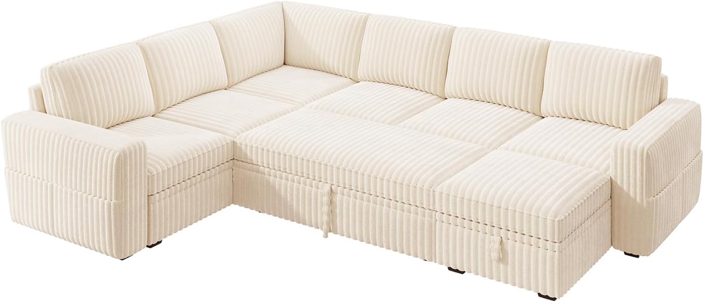 HONBAY Modular Sectional Sleeper Sofa with Pull Out Bed,Corduroy U Shaped Couch with Storage, Sectional Couches for Living Room,Beige