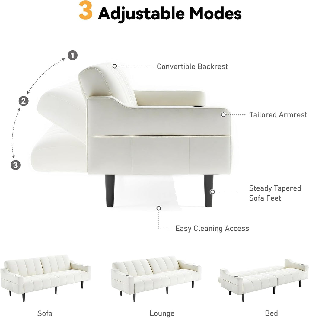 80'' Futon Sofa Bed,Faux Leather Futon Sleeper Sofa, Convertible Loveseat with Adjustable Sofa Backrest,Modern Couches for Living Room, Bedroom, Apartment, Office (Beige)