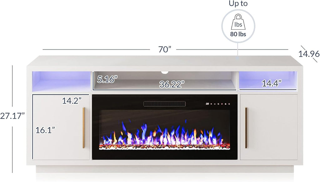 BELLEZE 70' Fireplace TV Stand for TVs Up to 80', LED Light Entertainment Center with 36' Electric Fireplace Heater, Storage Cabinet, Media Console Table for Living Room - Avenue (White)