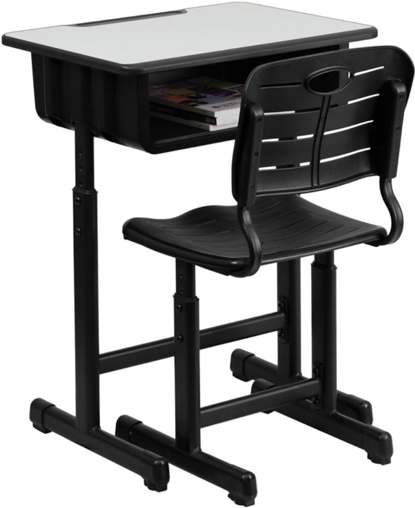 Flash Furniture Adjustable Student Desk and Chair Set for Classrooms or Remote Learning, Adjustable School Desk with Chair and Book Box, Gray/Black