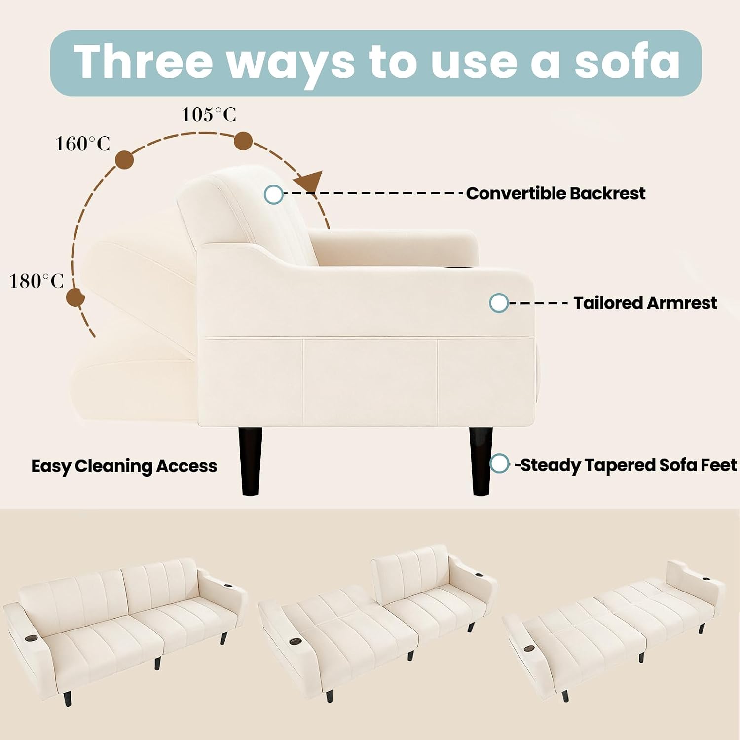 80' Velvet Futon Sofa Bed, Convertible Sleeper Loveseat with Cup Holders & Storage Pockets, Mid Century Modern Couch for Living Room, Bedroom, Office, Small Space (Off-White)