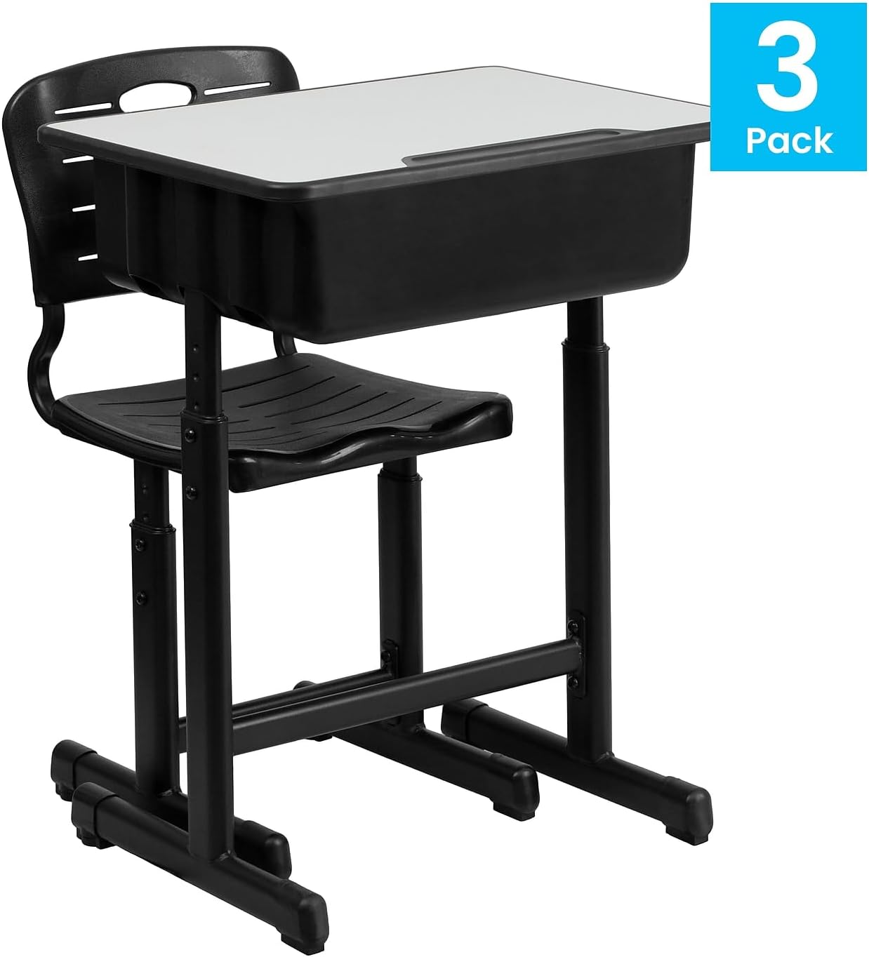 Flash Furniture Nila Set of 3 Adjustable Height Student Desks and Chairs with Black Pedestal Frames