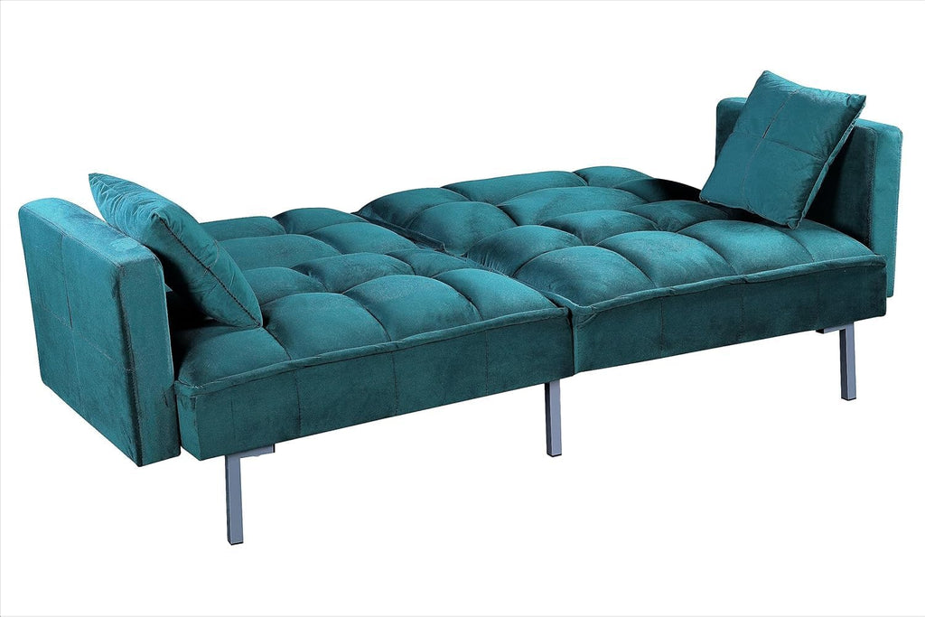 Container Furniture Direct Regal 75.6' Velvet Convertible Sofa Bed - Mid-Century Sleeper Couch w/Tufted Design & Metal Legs - Pull-Out Futon for Guests/Home (75.6' W x 34.6' D x 32' H), Blue