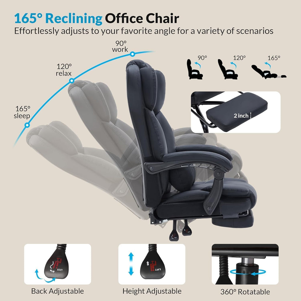 Ergonomic Executive Office Chair with Footrest & Lumbar Support - Heavy-Duty Reclining Computer Chair, 400lbs Capacity, PU Leather Swivel Desk Chair for Home Office (Black)