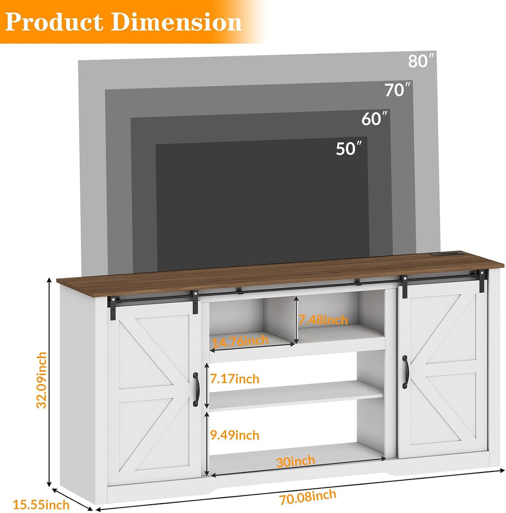 GarveeLife Farmhouse TV Stand for Televisions Up to 80 in,Sliding Barn Doors and Storage Cabinets, Console Table and Media Furniture for Living Room, 70 in, Rustic White