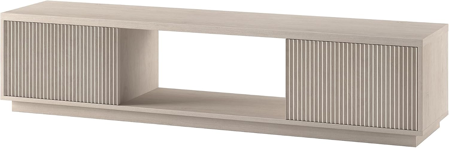 Henn&Hart Fluted TV Stand for TVs up to 78' with 2 Ribbed Side Storage Cabinets and Open Center Storage for Living Room, Family Room, or Office, Beech White