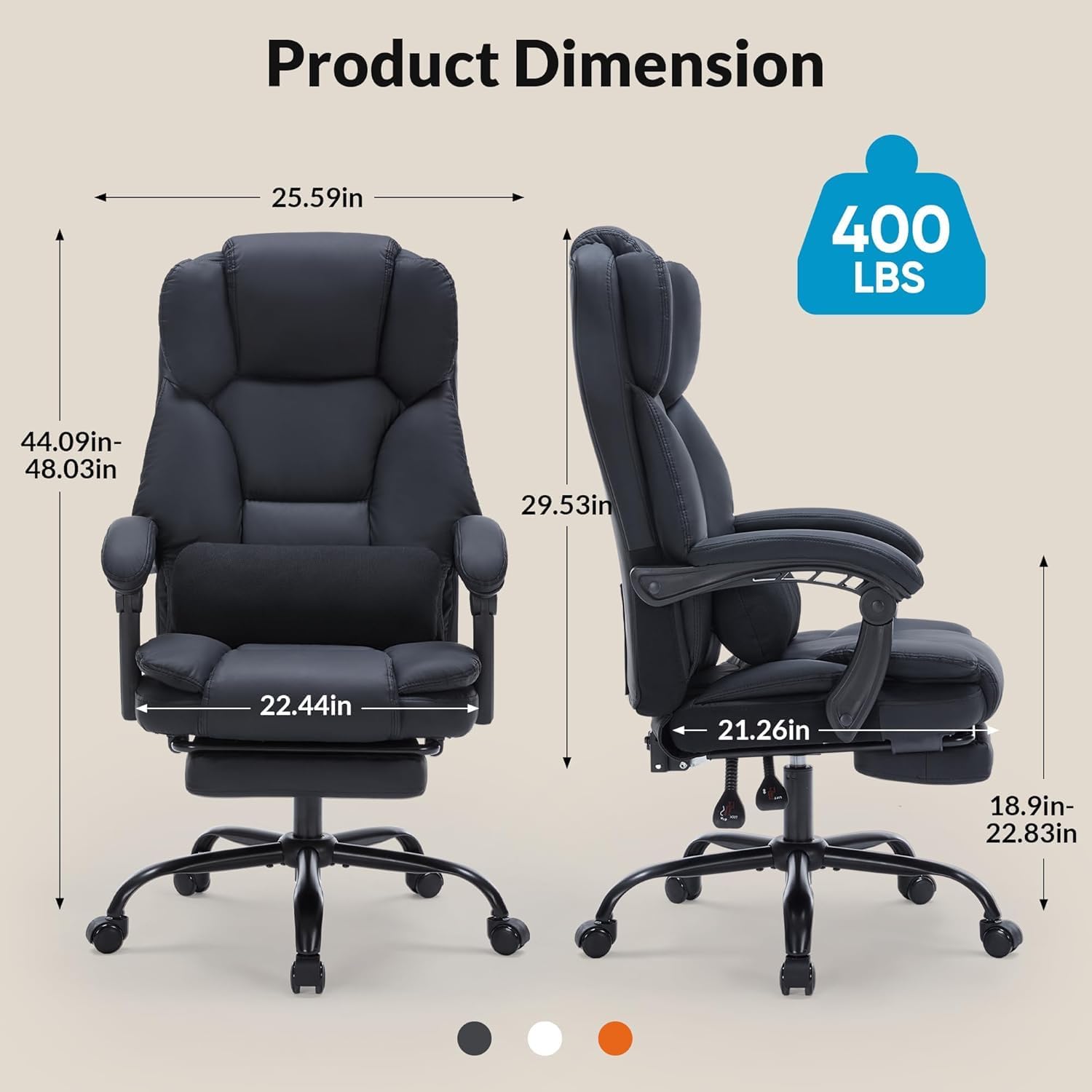 Ergonomic Executive Office Chair with Footrest & Lumbar Support - Heavy-Duty Reclining Computer Chair, 400lbs Capacity, PU Leather Swivel Desk Chair for Home Office (Black)