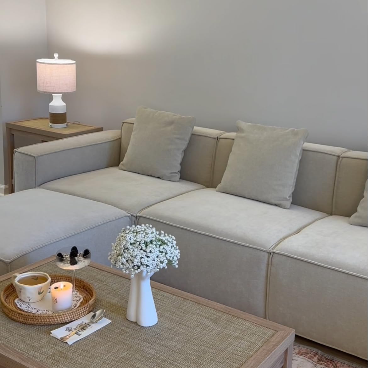 Acanva Luxury Modular Sectional Living Room Sofa Set, Modern Minimalist Style Couch with Ottoman and Chaise, L-Shape, Linen-Like Cream | Minimalist Style, With Ottoman, Modular Sectional