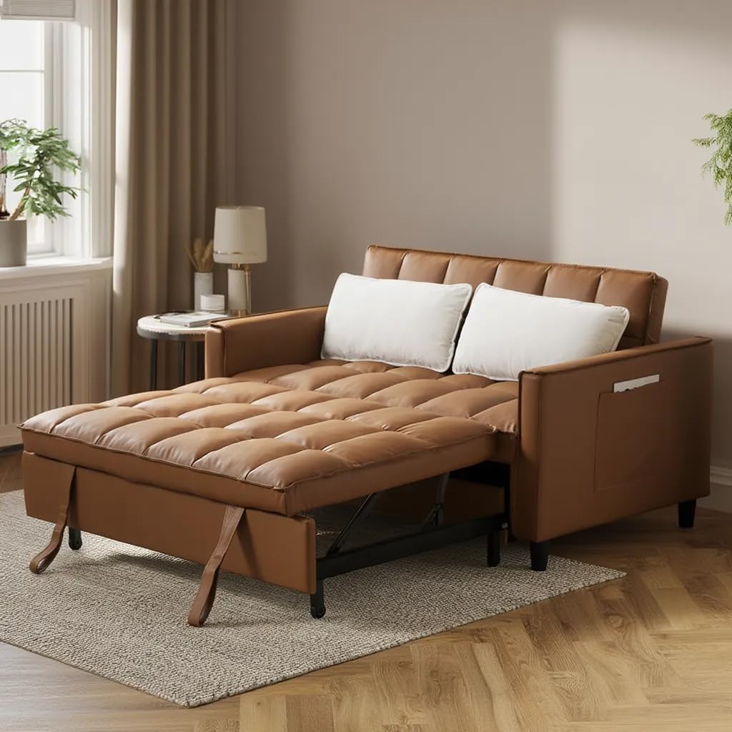 3 in 1 Convertible Sofa Bed, Love Seat Sleeper Bed with Side Pockets, PU Fabric Pull Out Couch with Adjustable Backrest for Living Room, Bedroom, Apartment, Brown