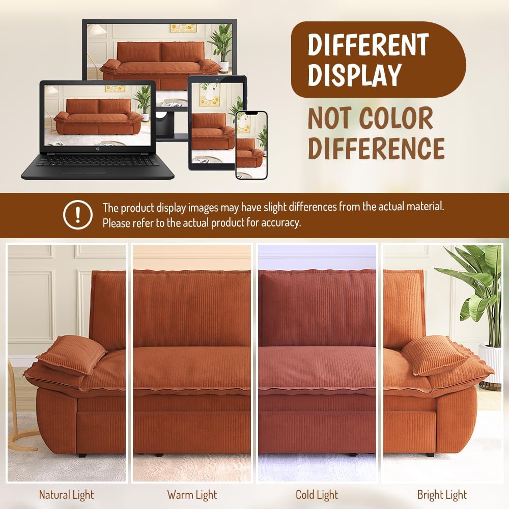 73.2' Sofa Bed Queen, 3-in-1 Pull Out Sofa Bed with Pillow Armrest, Modern Corduroy Convertible Sleeper Futon Sofa for Living Room Small Space, Apartment, Bedroom, Orange