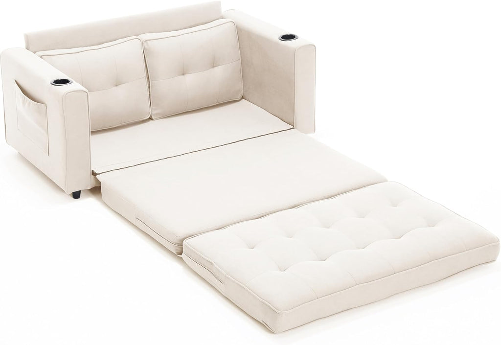 Merax Convertible Sleeper Sofa Bed, Futon Sofa Bed, 3 in 1 Convertible Loveseat Sleeper with Pull Out Bed, Foldable Tufted Sofa Bed Couch W/Cup Holder and Side Pockets,Beige