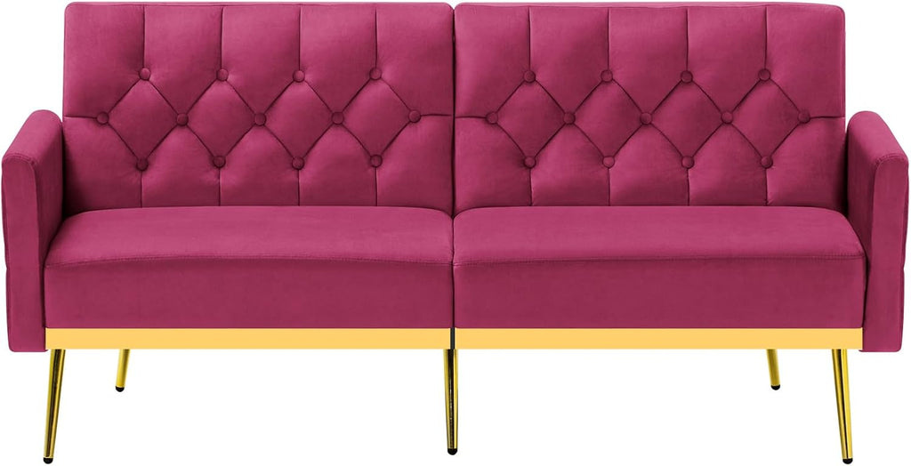 Velvet Sofa Bed w/Adjustable Armrests and Backrests, Modern Convertible Sleeper Sofa, Tufted Futon Sofa for Bedroom, Living Room, Apartment, Fuchsia
