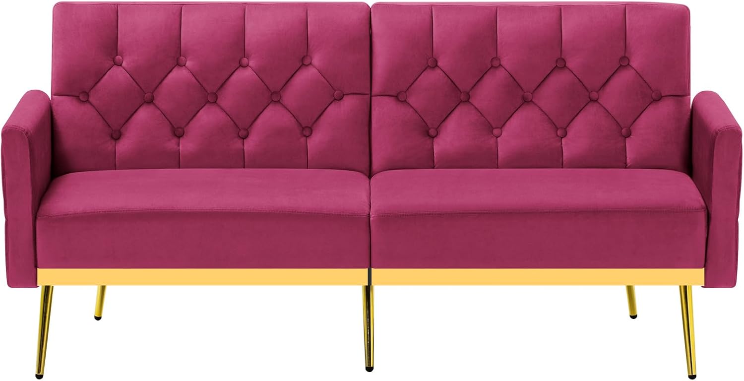 Velvet Sofa Bed w/Adjustable Armrests and Backrests, Modern Convertible Sleeper Sofa, Tufted Futon Sofa for Bedroom, Living Room, Apartment, Fuchsia