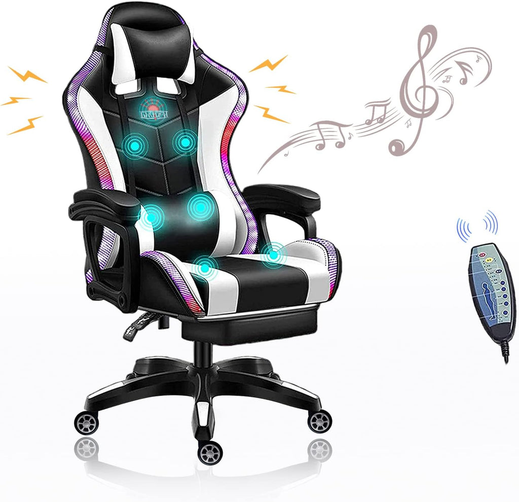 PC Gaming Chair Racing Office Chair Ergonomic Desk Chair with Speakers and LED Lights, E-Sports Computer Chair with Footrest and Lumbar Support, Swivel PU Leather Chair for Adults Teens