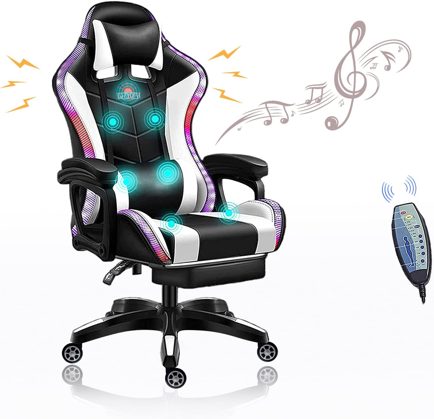 PC Gaming Chair Racing Office Chair Ergonomic Desk Chair with Speakers and LED Lights, E-Sports Computer Chair with Footrest and Lumbar Support, Swivel PU Leather Chair for Adults Teens