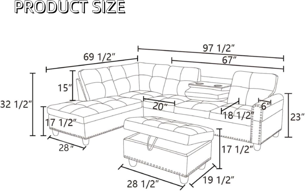 Leather 3-Piece L-Shaped Couches for Living Room, Sectional Sofa with Storage Ottoman & Movable Chaise, Modular Convertible Couch for Bedroom & Apartment, Midnight Black