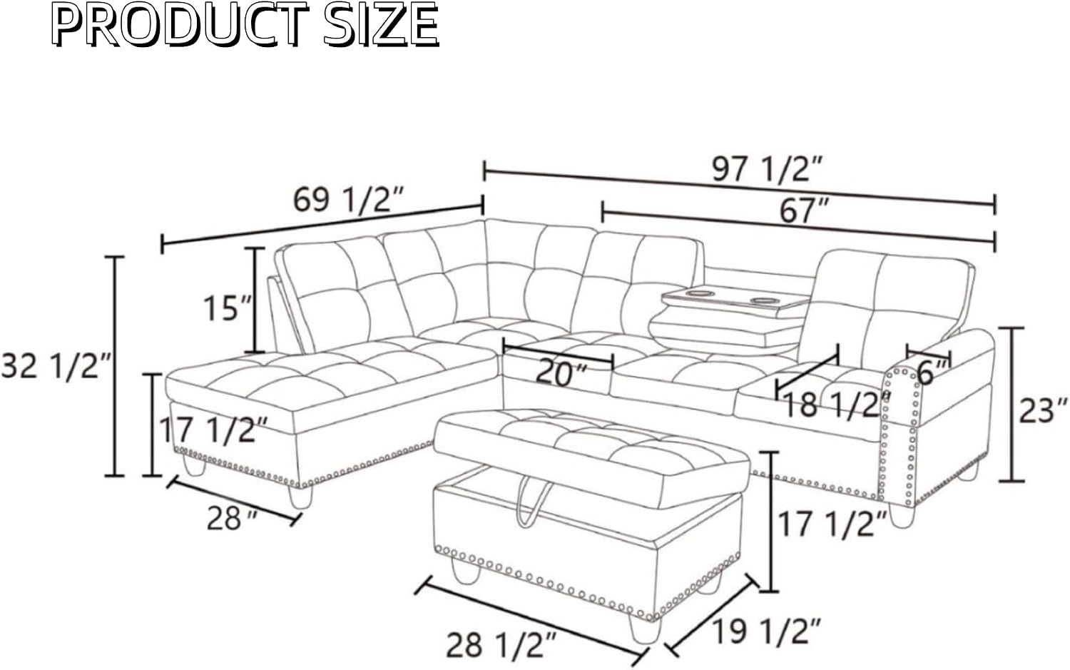 Leather 3-Piece L-Shaped Couches for Living Room, Sectional Sofa with Storage Ottoman & Movable Chaise, Modular Convertible Couch for Bedroom & Apartment, Midnight Black
