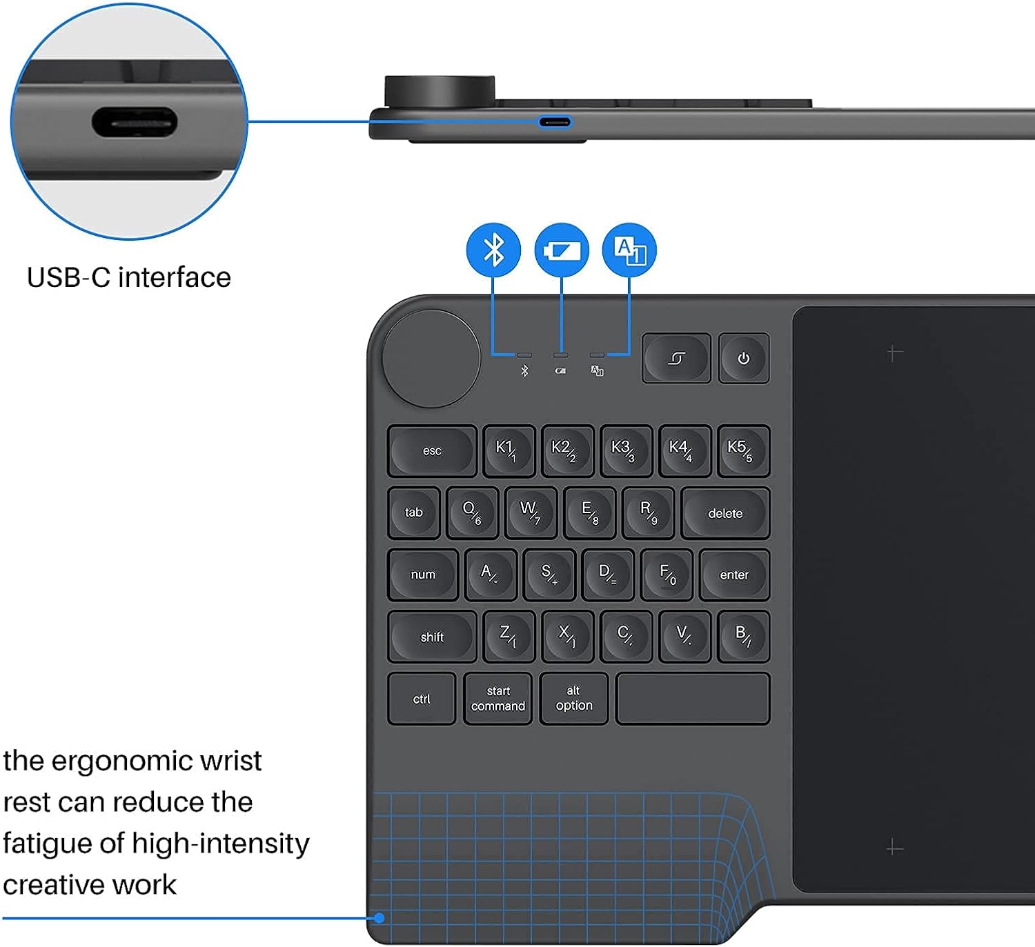 HUION Inspiroy Keydial KD200 Wireless Drawing Tablet, Bluetooth Graphic Tablet with Keyboard Dial 5 Customized Express Keys Battery-Free Pen, 8.9x5.6inch Art Tablet Work with Windows, Mac, Android