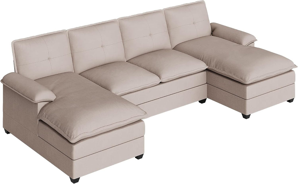 110' Sectional Couches for Living Room,4 Seat U Shape Modular Couch with Thick Cushion & Soft Backrest,Upholstered Sofa Couch with Double Chaise,Beige