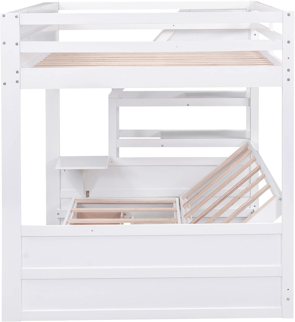 Futon Bunk Beds with Stairs,Full Over Full/Futon Bunk Beds with 3 Storage Drawers & Small Table,Bottom Bed Can Be Converted Into Daybed,Wood Full Loft Bed Frame for Kids Teens,White