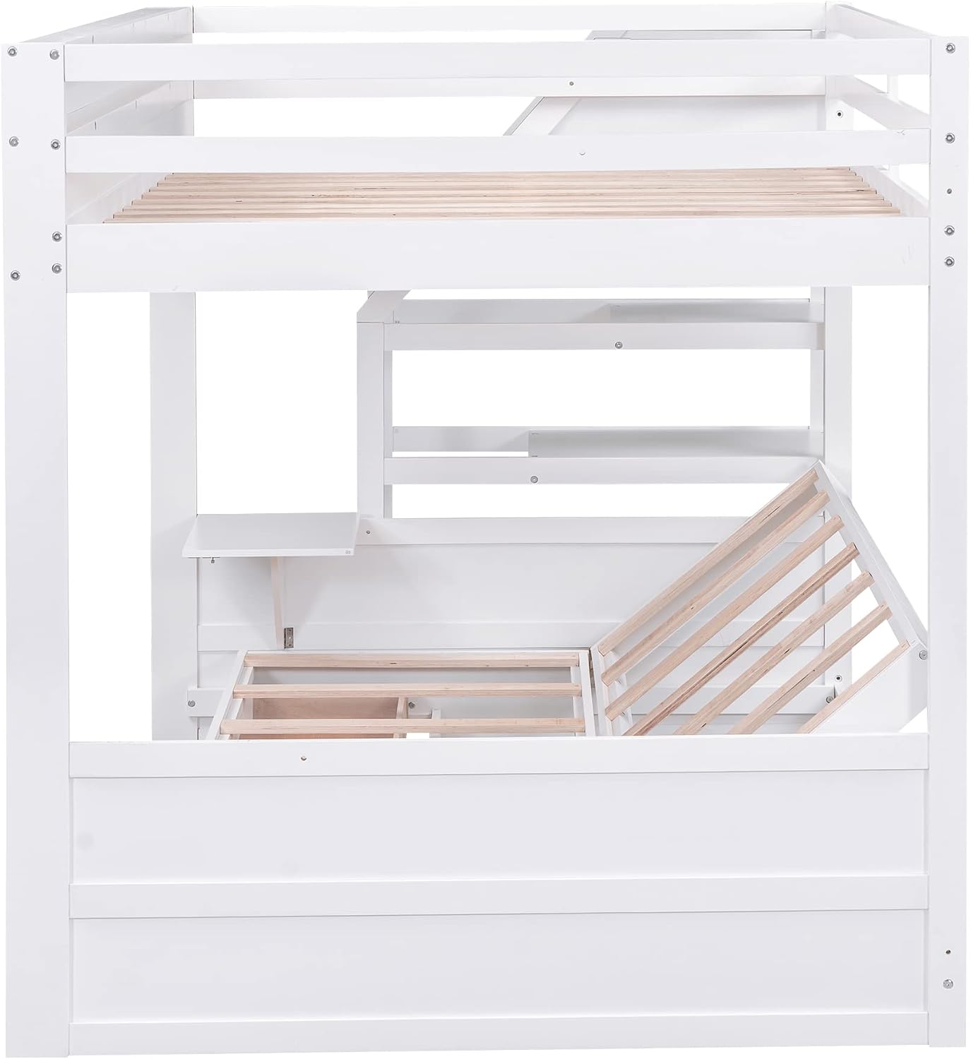 Futon Bunk Beds with Stairs,Full Over Full/Futon Bunk Beds with 3 Storage Drawers & Small Table,Bottom Bed Can Be Converted Into Daybed,Wood Full Loft Bed Frame for Kids Teens,White