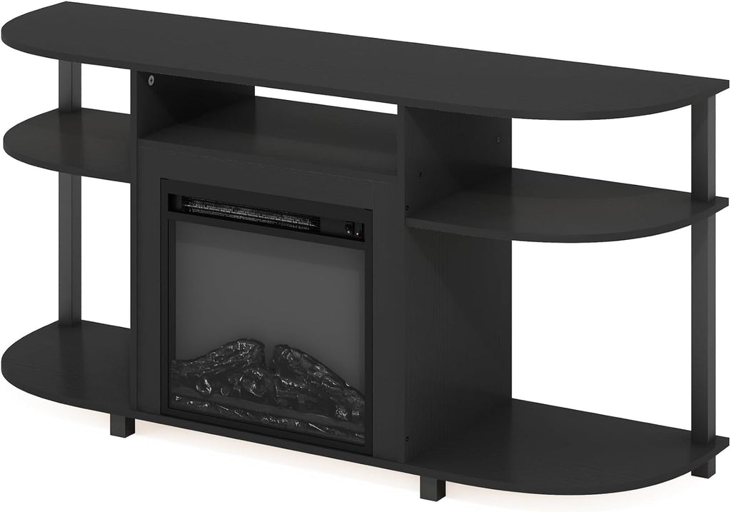 Furinno Jensen Fireplace TV Stand, Curved Entertainment Center, TV Console for TV up to 55 Inch with Fireplace and Open Storage, for Living Room, Bedroom, Americano