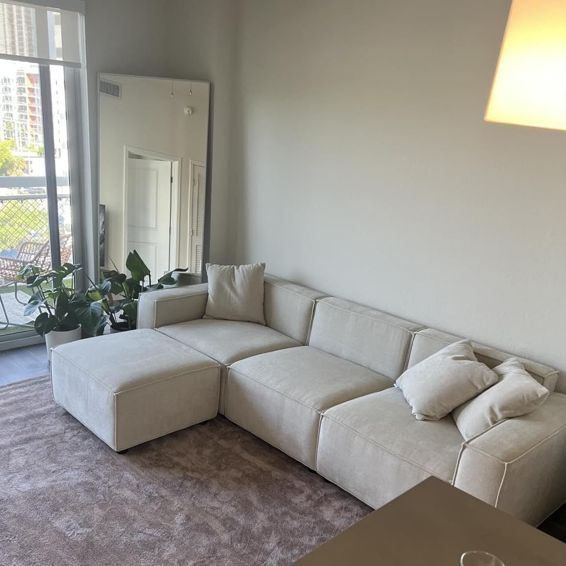 Acanva Luxury Modular Sectional Living Room Sofa Set, Modern Minimalist Style Couch with Ottoman and Chaise, L-Shape, Linen-Like Cream | Minimalist Style, With Ottoman, Modular Sectional