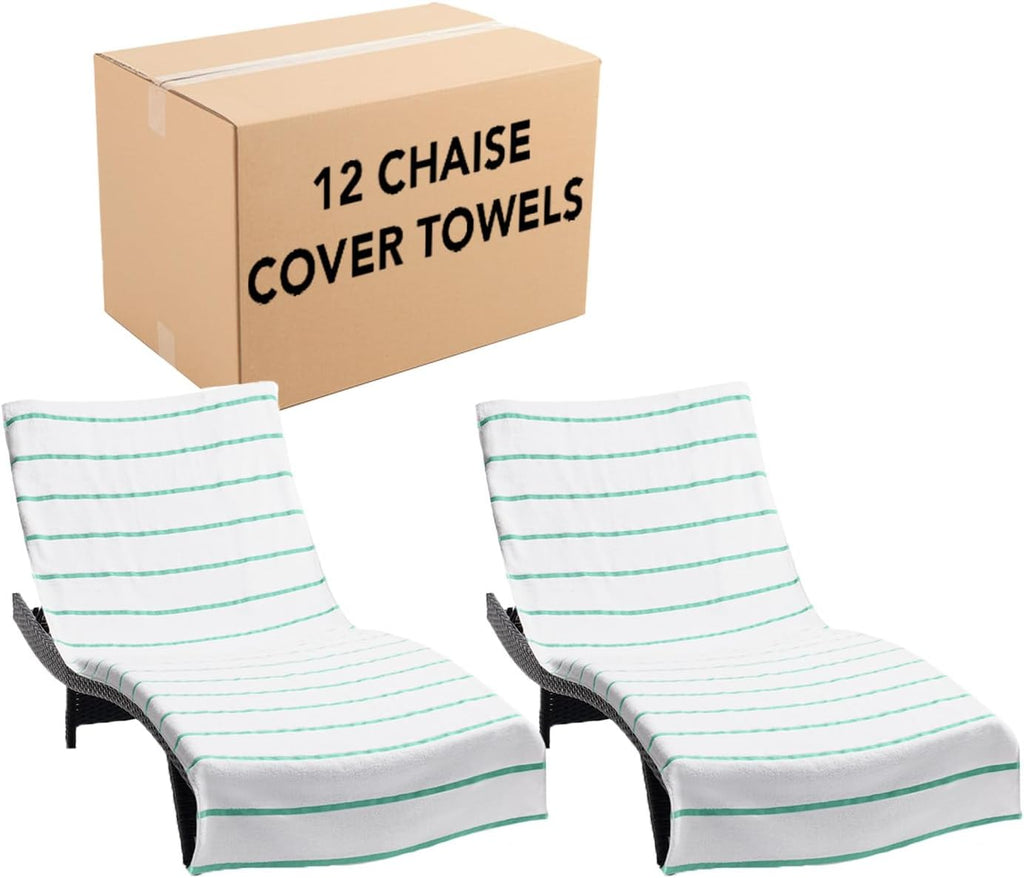 Arkwright Las Rayas Chaise Lounge Cover Towel with Pocket - Case of 12 - Striped 100% Cotton Cabana Cover for Beach Pool Outdoor Chairs, 30 x 85 in, White/Green