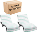 Arkwright Las Rayas Chaise Lounge Cover Towel with Pocket - Case of 12 - Striped 100% Cotton Cabana Cover for Beach Pool Outdoor Chairs, 30 x 85 in, White/Green