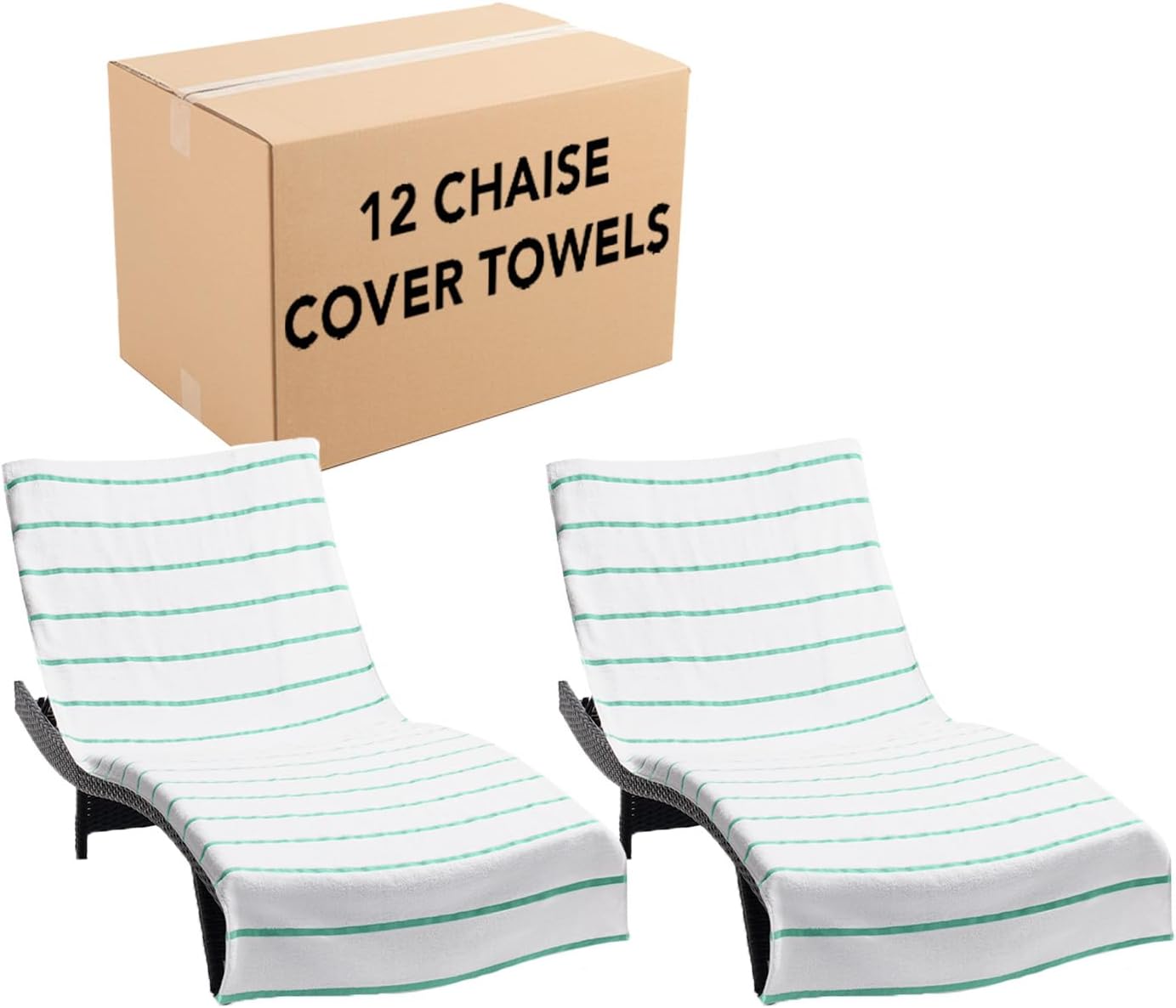 Arkwright Las Rayas Chaise Lounge Cover Towel with Pocket - Case of 12 - Striped 100% Cotton Cabana Cover for Beach Pool Outdoor Chairs, 30 x 85 in, White/Green