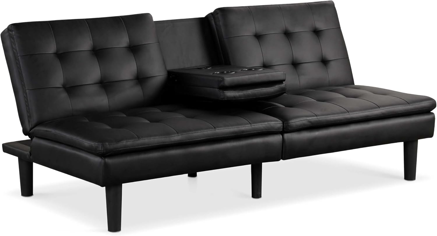 Furniture of America Fallein Modern Contemporary Wood 71.5-inch Futon Sofa Bed with Drop-Down Table, Cup Holders, USB-A Charger, Biscuit Tufting for Bedroom, Guest Room, Black