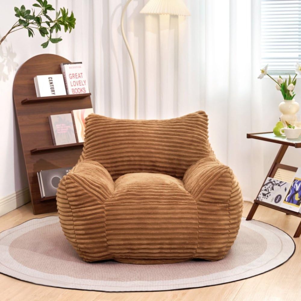 Bean Bag Chair for Adults with Armrests - Oversized Comfy Beige Beanbag Lounge Lazy Floor Sofa Chair for Living Room, Bedroom & Dorm, Cozy Fluffy Single Cloud Mini Couch (Brown + Corduroy + Foam)