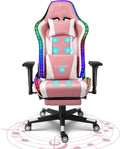 Ergonomic High Back RGB Gaming Chair with Footrest, Massage Video Game Chairs with Speakers, Computer Chair with 4D Handrail Lumbar Support PU Leather 360° Swivel Racing Chair,Pink