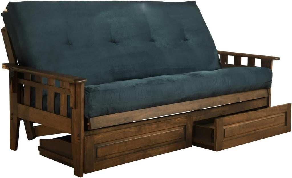 Tucson Rustic Walnut Frame and Mattress Set with Choice to add Drawers, 8 Inch Innerspring Futon Sofa Bed Full Size Wood (Blue Matt, Frame and Drawers)