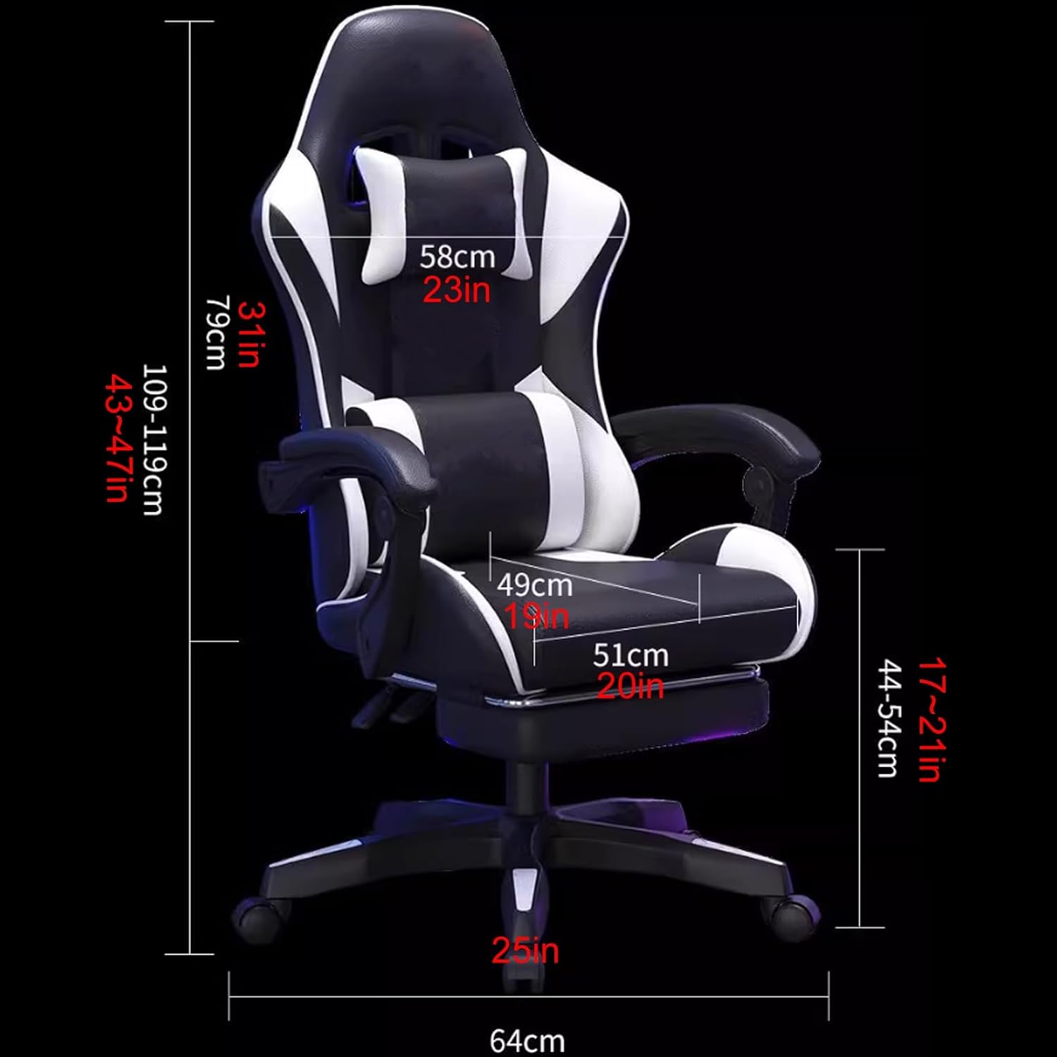 Office Video Game Chair with Lumbar Support, 400 Lbs Adult Chair with Footrest and Linked Armrests, Low-Noise Wear-Resistant Pulley, Stable Load-Bearing, Black and Red(White)