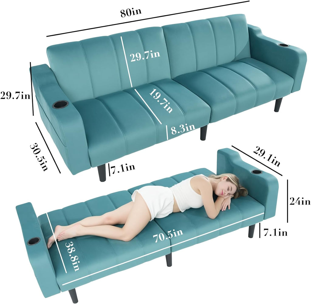 80' Velvet Futon Sofa Bed, Convertible Sleeper Loveseat with Cup Holders & Storage Pockets, Mid Century Modern Couch for Living Room, Bedroom, Office, Small Space (Teal Blue)