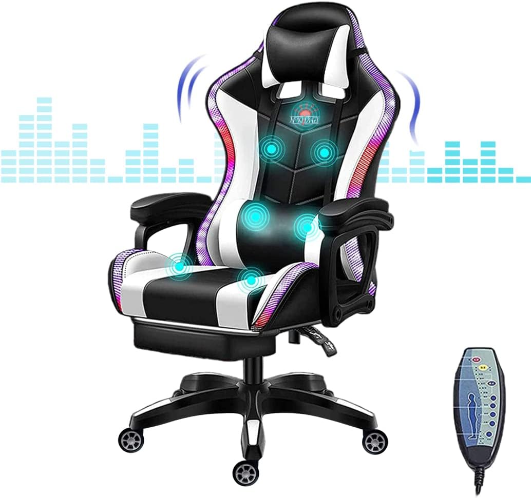 RGB Gaming Chair for Adults with Footrest and Massage Lumbar Pillow, Swivel Height Adjustable Racing Reclining, PU Leather LED Video Game Chair with Speakers E-Sports Gaming Chair