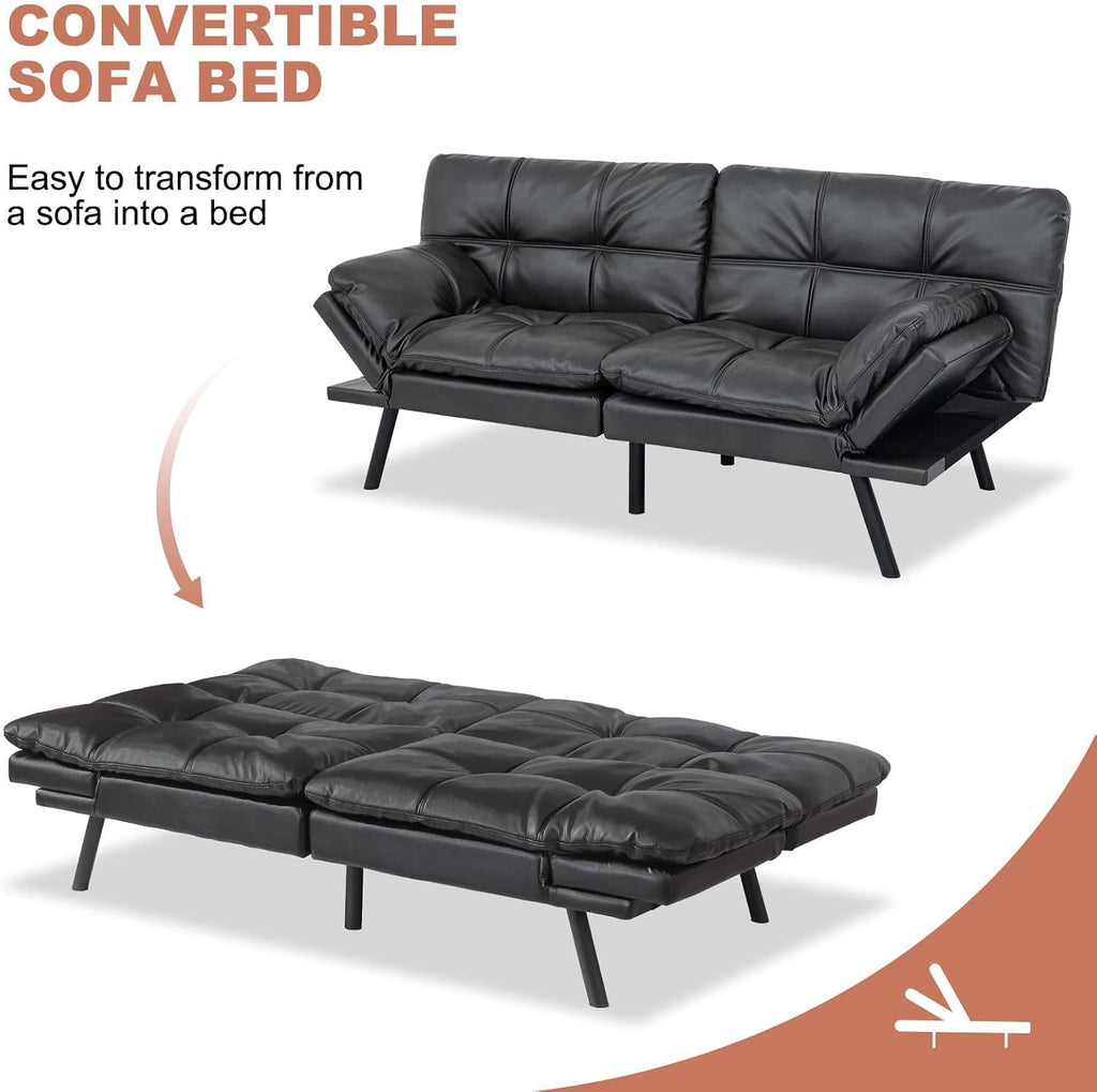 MUUEGM Futon Sofa Bed Couch Convertible Futon Memory Foam Futon Couch Bed Modern Sofa Couch Love Seat Sleeper Sofa for Small Space,Living Room,Office,Adjustable Backrests&Armrests Sofabed,Black