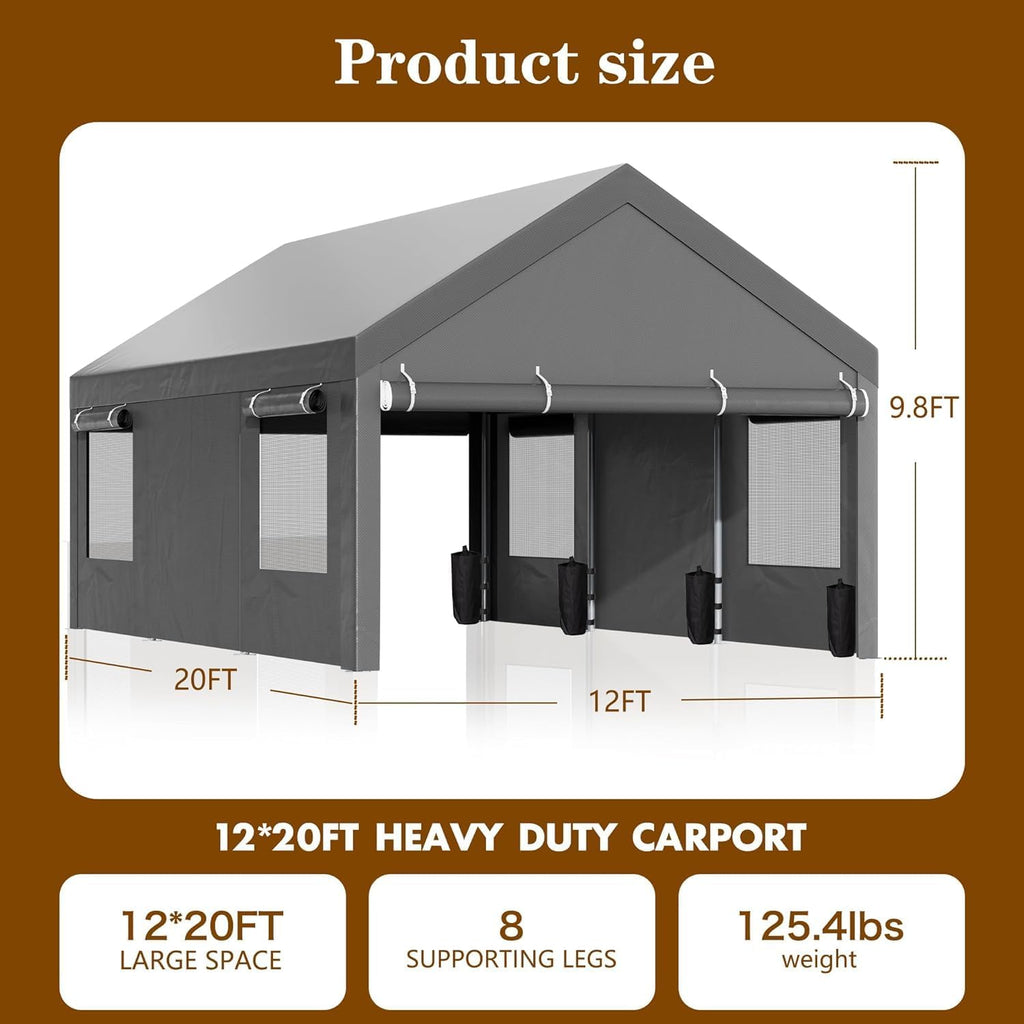 12x20 FT Heavy Duty Carport Canopy, All-Weather Vehicle Shelter with Roll-up Ventilation Windows & Removable Sidewalls, Portable Garage for SUV, Truck, Boat, Gray