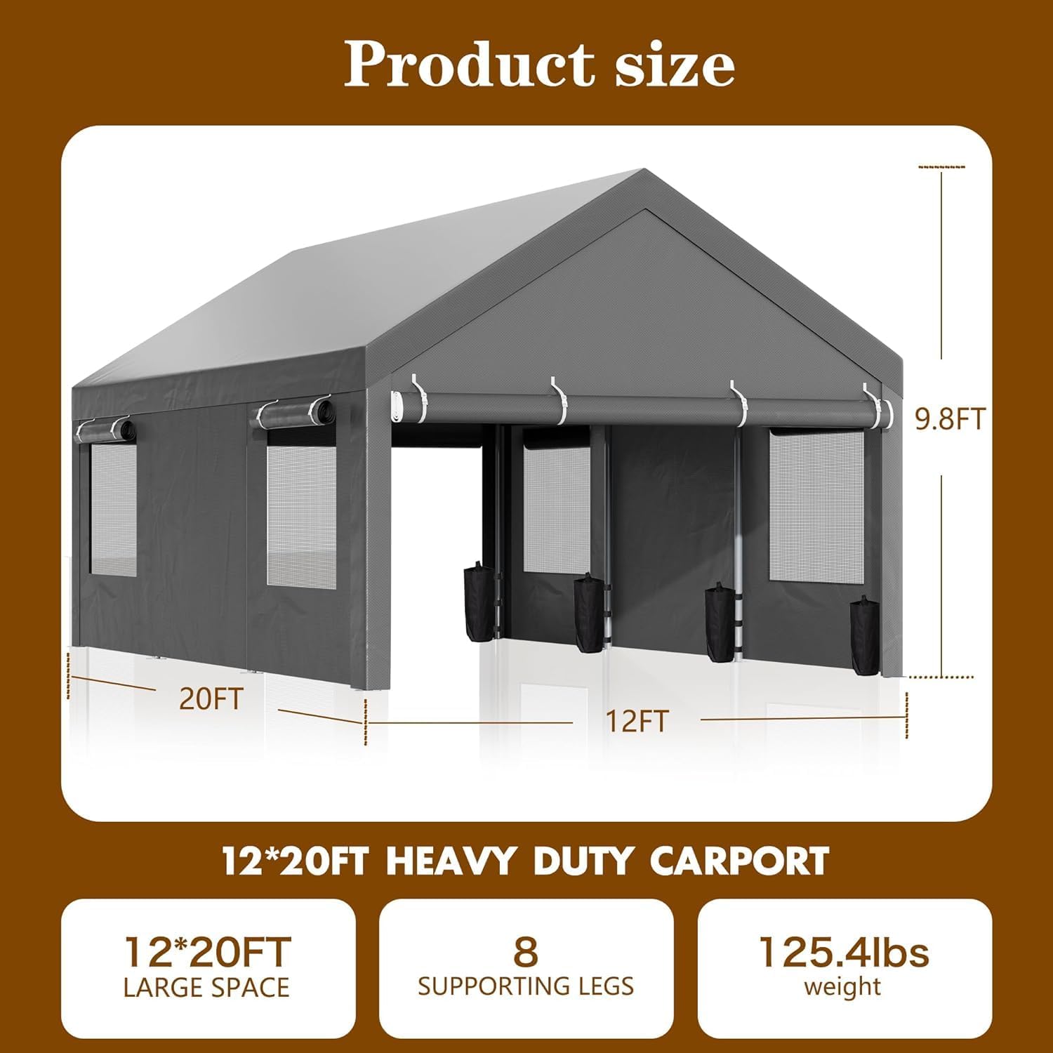 12x20 FT Heavy Duty Carport Canopy, All-Weather Vehicle Shelter with Roll-up Ventilation Windows & Removable Sidewalls, Portable Garage for SUV, Truck, Boat, Gray