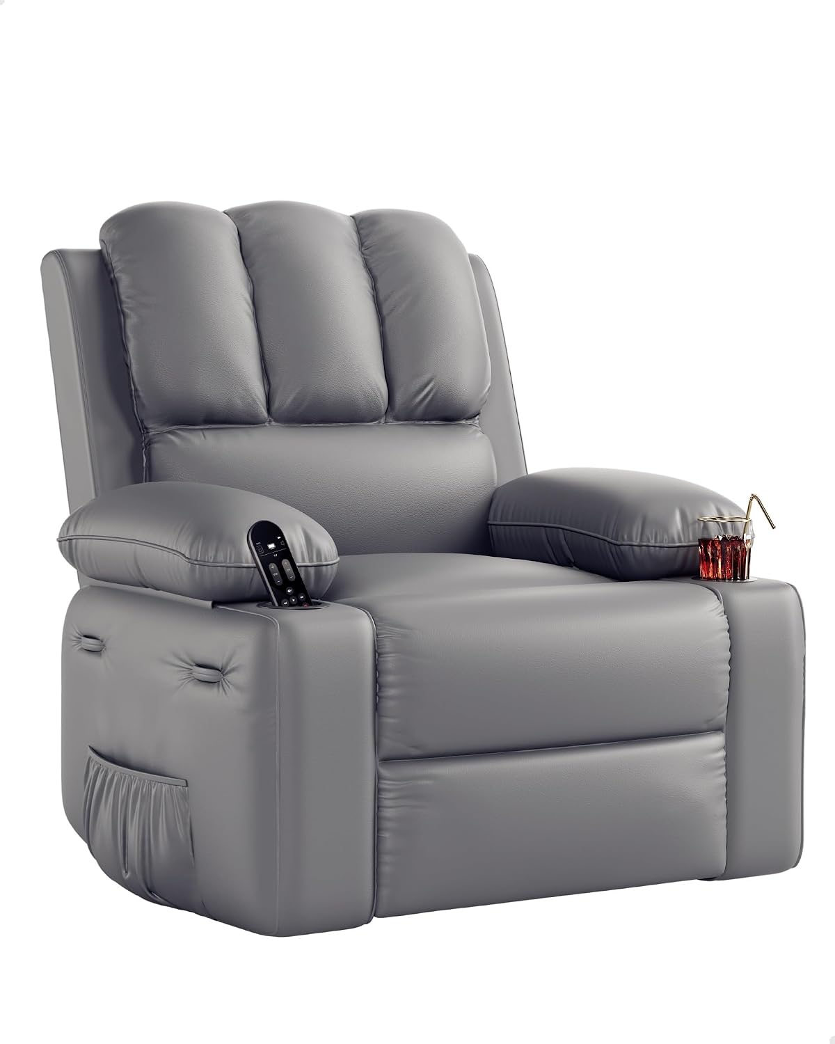 22 in Leather Recliner Chair for Adults, Overstuffed Manual Recliner Chair, Single Sofa with Cup Holder and Side Pockets, Upholstered Chair for Living Rooms, Gray