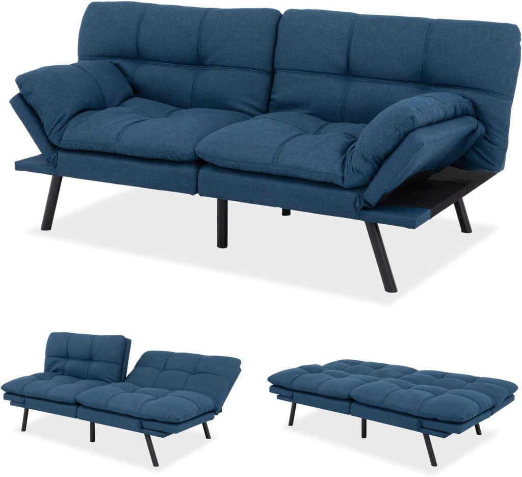 MUUEGM Futon Sofa Bed, 71' Convertible Linen Memory Foam Couch Bed, Modern Backrests Armrests Love Seat for Living Room,Apartment,Office,Blue Sleeper Couch