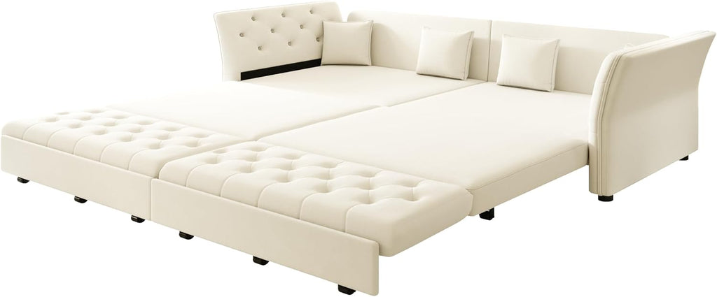 100'' Sleeper Sofa Bed California King Size, Flower Tufted Pull Out Couch, Chesterfield Velvet Futon Couches, Comfy Convertible Modern 4 seat Sofa, 4 Pillows for Living Room, Apartment, Beige