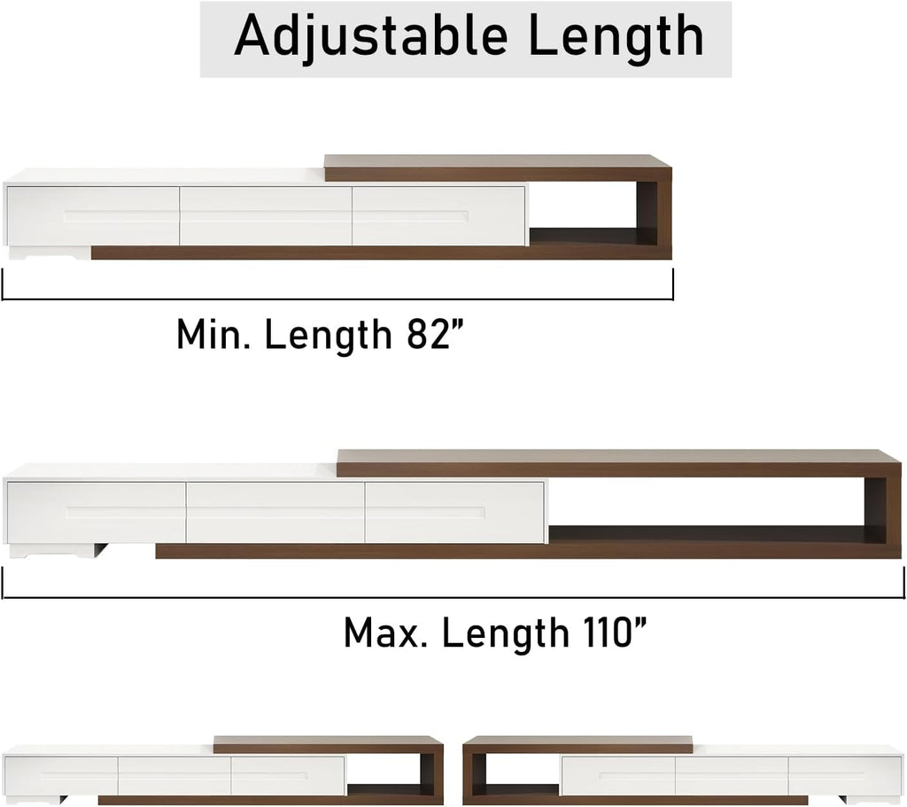 Hlivelood Extendable TV Stand, Modern Entertainment Center for Up to 120 Inch TV, Wood Reversible TV Media Console with 3 Drawers for Living Room Bedroom, 82-110'(White& Walnut)